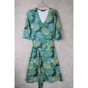 Patty Boutik Stretch Knit Dress Womens‎ M Green Floral Fit & Flare Faux Wrap EUC